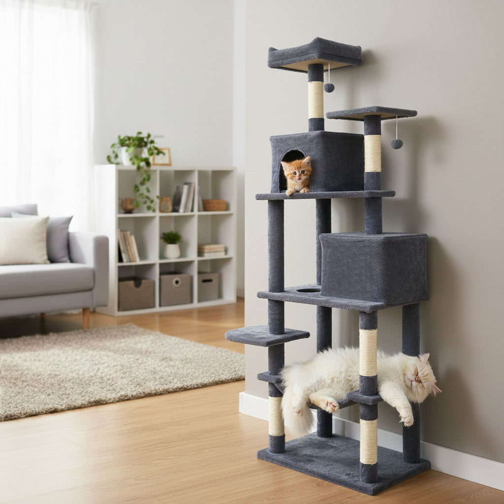 Multi-Level Cat Tree Tower with Upholstered Perch & 2 Condos - Dark Gray