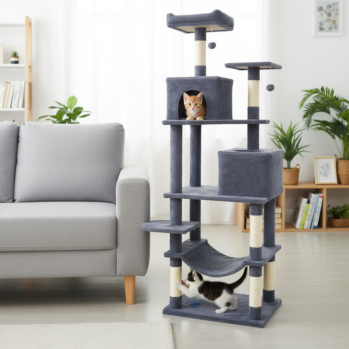 Multi-Level Cat Tree Tower with Upholstered Perch & 2 Condos - Dark Gray