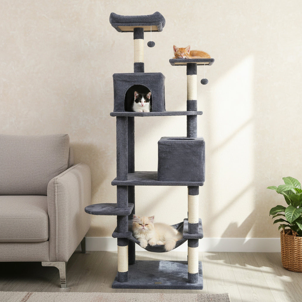 Multi-Level Cat Tree Tower with Upholstered Perch & 2 Condos - Dark Gray