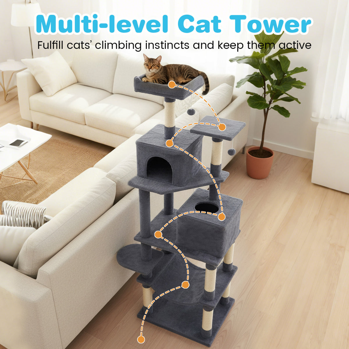 Multi-Level Cat Tree Tower with Upholstered Perch & 2 Condos - Dark Gray
