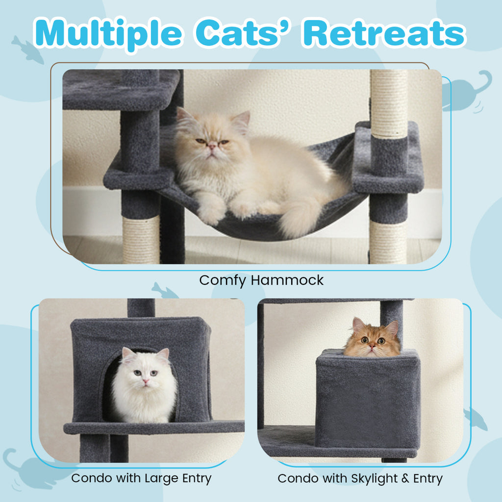 Multi-Level Cat Tree Tower with Upholstered Perch & 2 Condos - Dark Gray