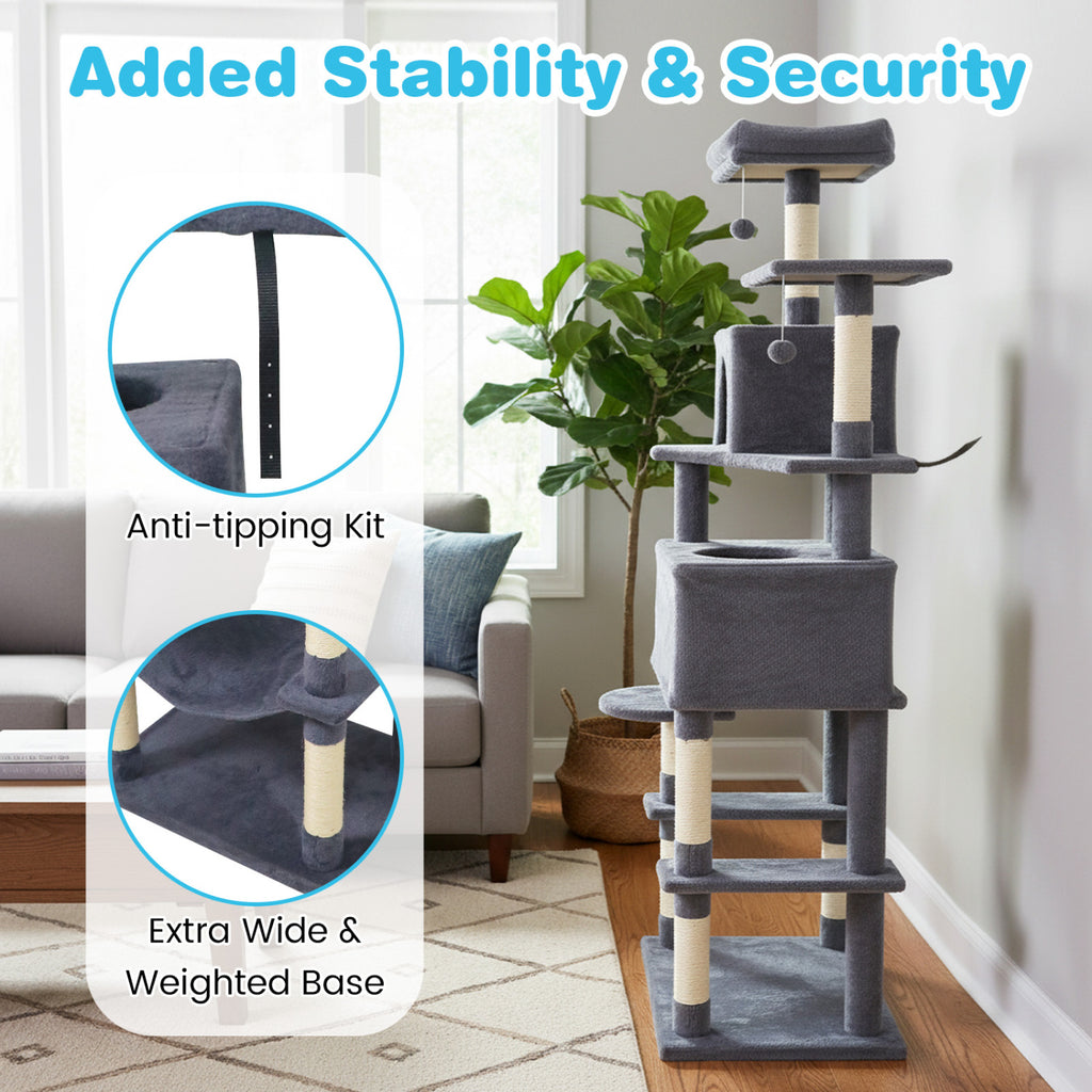 Multi-Level Cat Tree Tower with Upholstered Perch & 2 Condos - Dark Gray