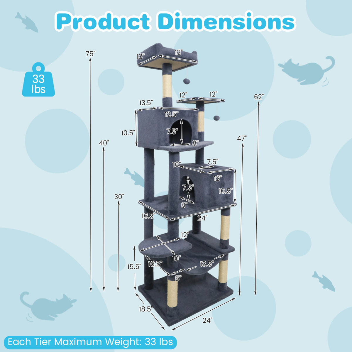 Multi-Level Cat Tree Tower with Upholstered Perch & 2 Condos - Dark Gray