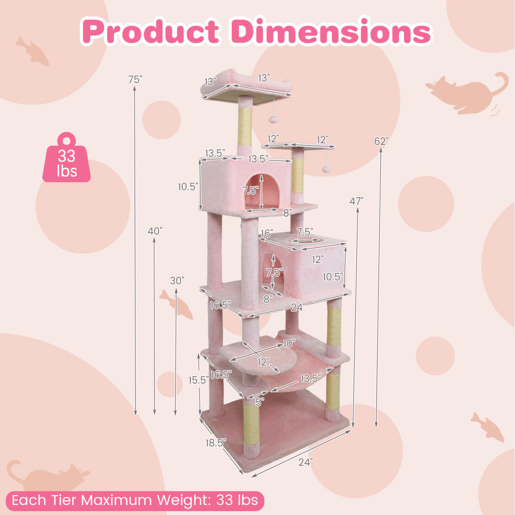 Multi-Level Cat Tree Tower with Upholstered Perch and Two Condos - Pink Variation