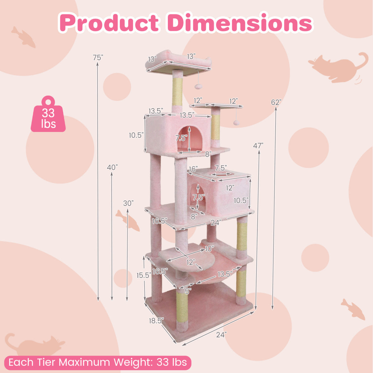 Multi-Level Cat Tree Tower with Upholstered Perch and Two Condos - Pink Variation
