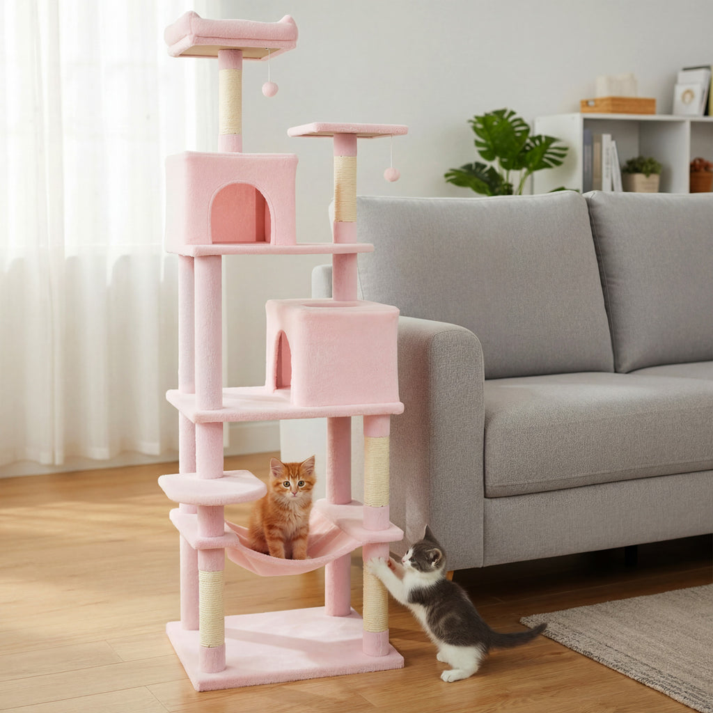 Multi-Level Cat Tree Tower with Upholstered Perch and Two Condos - Pink Variation