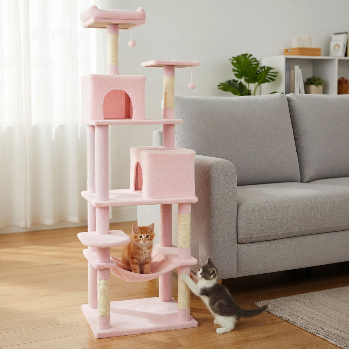Multi-Level Cat Tree Tower with Upholstered Perch and Two Condos - Pink Variation