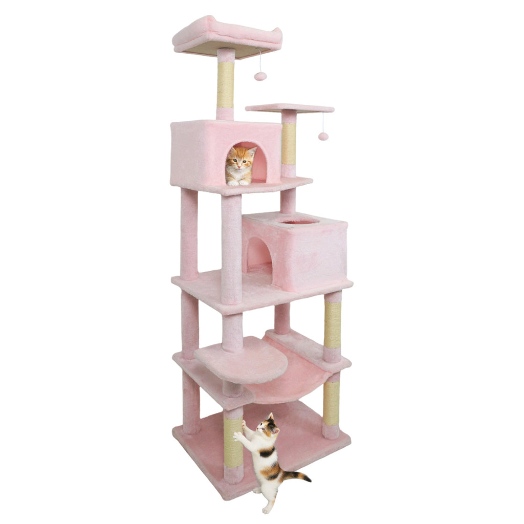 Multi-Level Cat Tree Tower with Upholstered Perch and Two Condos - Pink Variation