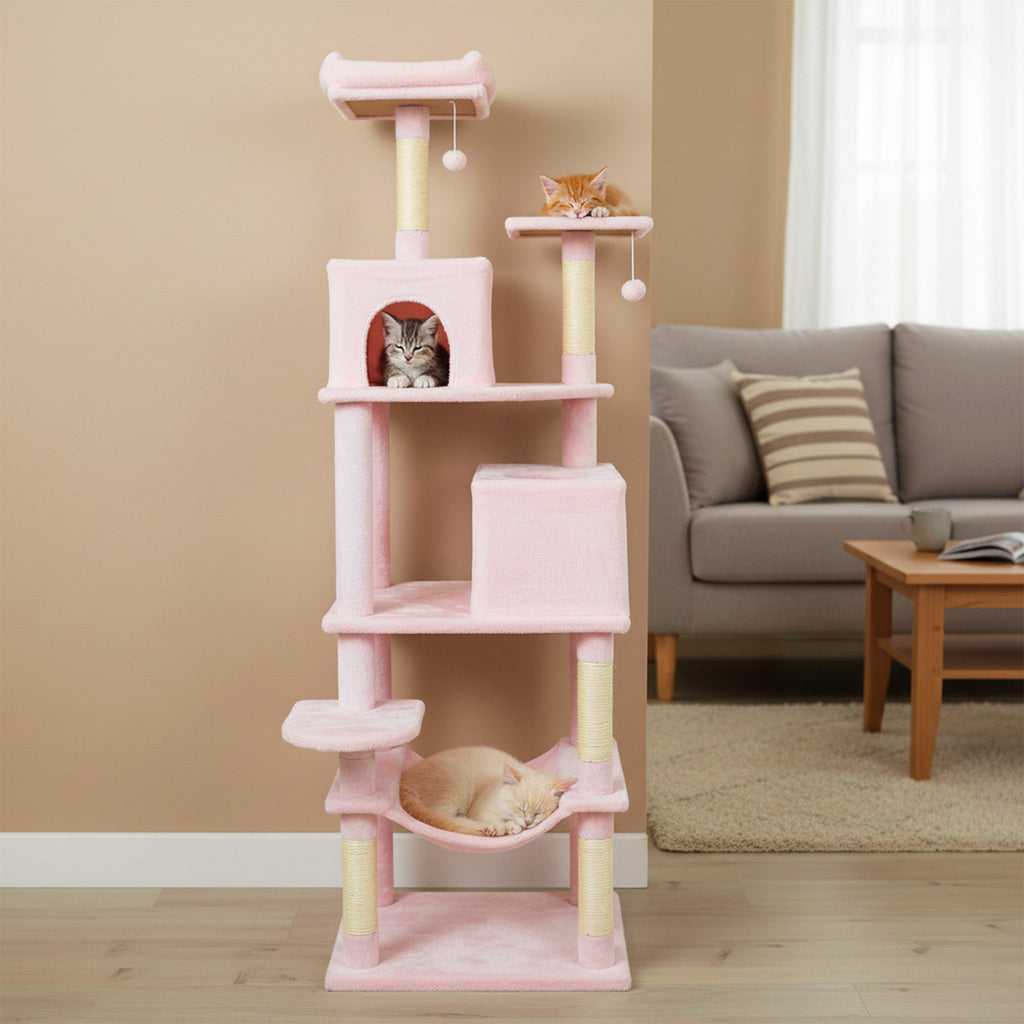 Multi-Level Cat Tree Tower with Upholstered Perch and Two Condos - Pink Variation