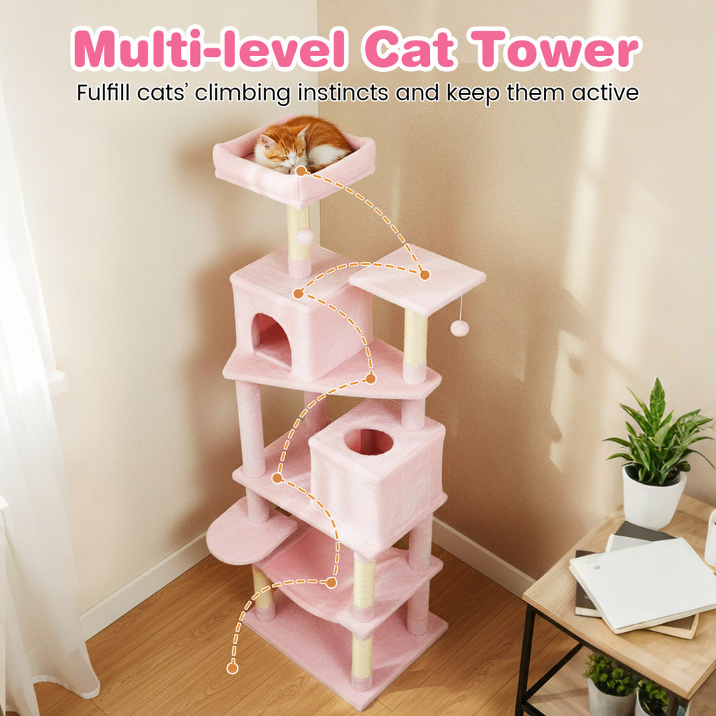 Multi-Level Cat Tree Tower with Upholstered Perch and Two Condos - Pink Variation