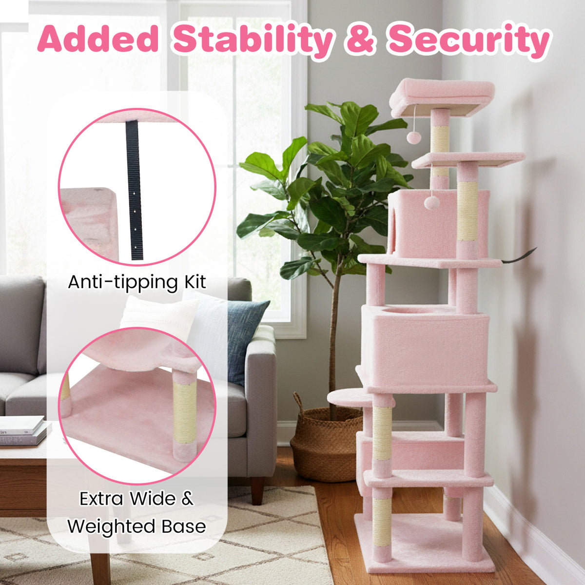 Multi-Level Cat Tree Tower with Upholstered Perch and Two Condos - Pink Variation