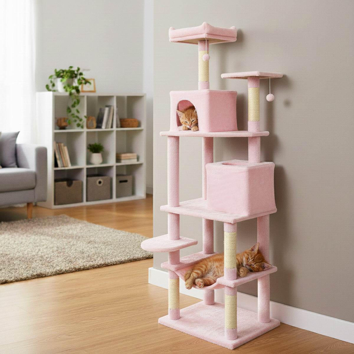 Multi-Level Cat Tree Tower with Upholstered Perch and Two Condos - Pink Variation