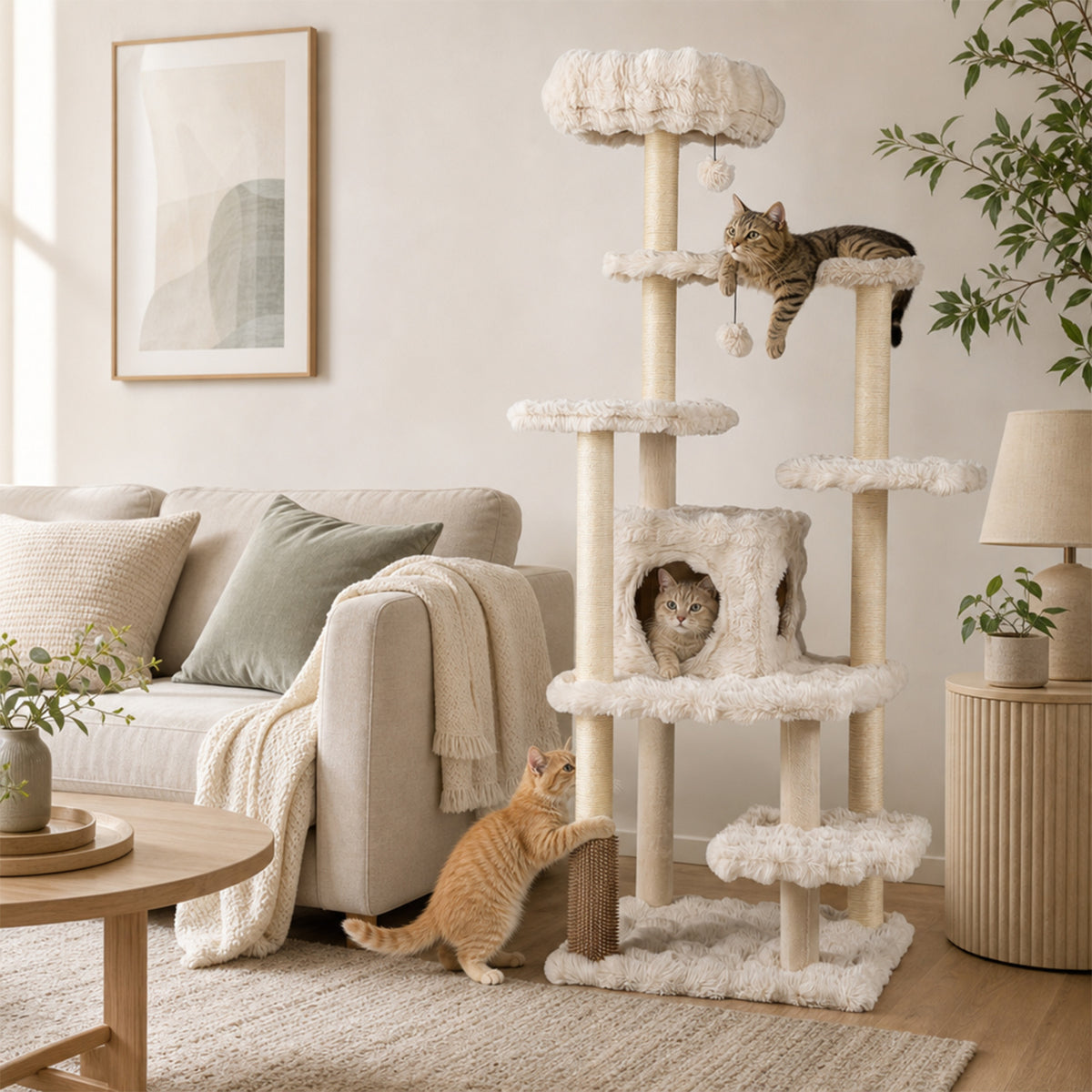 Beige 67-Inch Multi-Level Cat Tree with Large Condo and Padded Perch — Includes Sisal Posts & Fun Toys