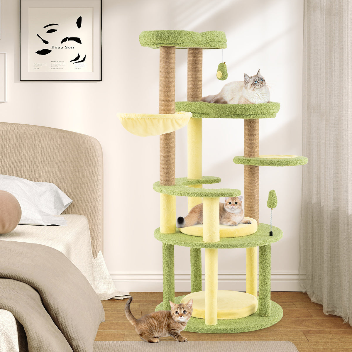 Avocado Theme Multi-Level Cat Tree with Wide Perches and Rotatable Basket - Green, M