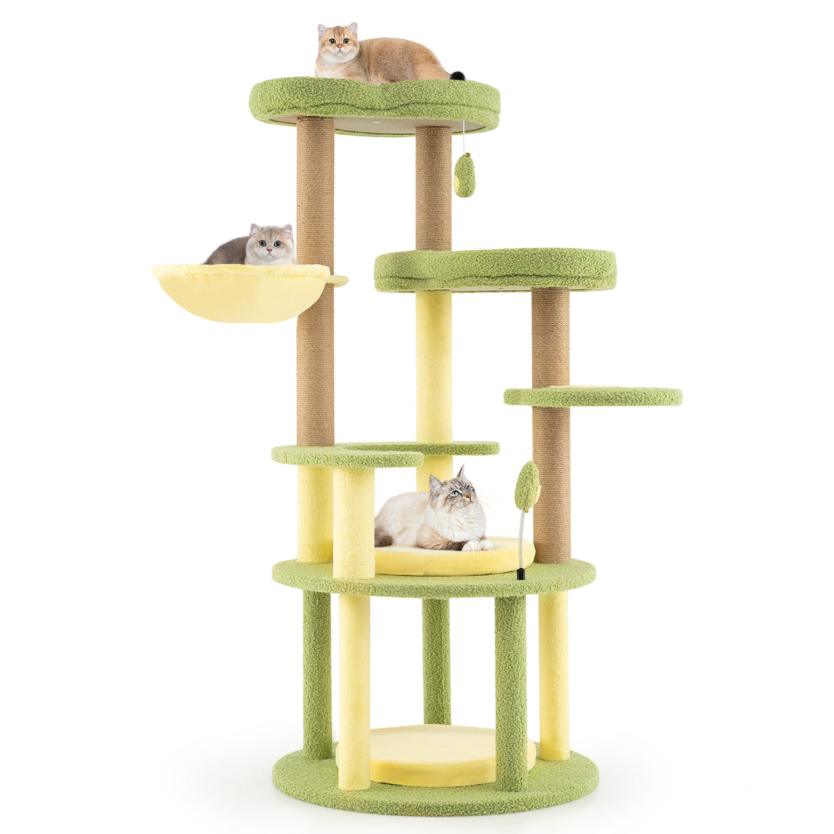 Avocado Theme Multi-Level Cat Tree with Wide Perches and Rotatable Basket - Green, M