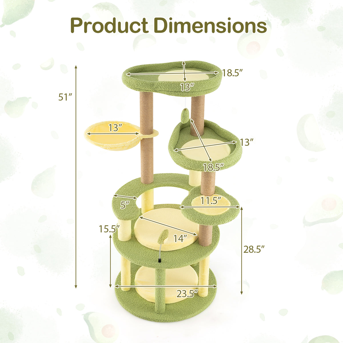 Avocado Theme Multi-Level Cat Tree with Wide Perches and Rotatable Basket - Green, M