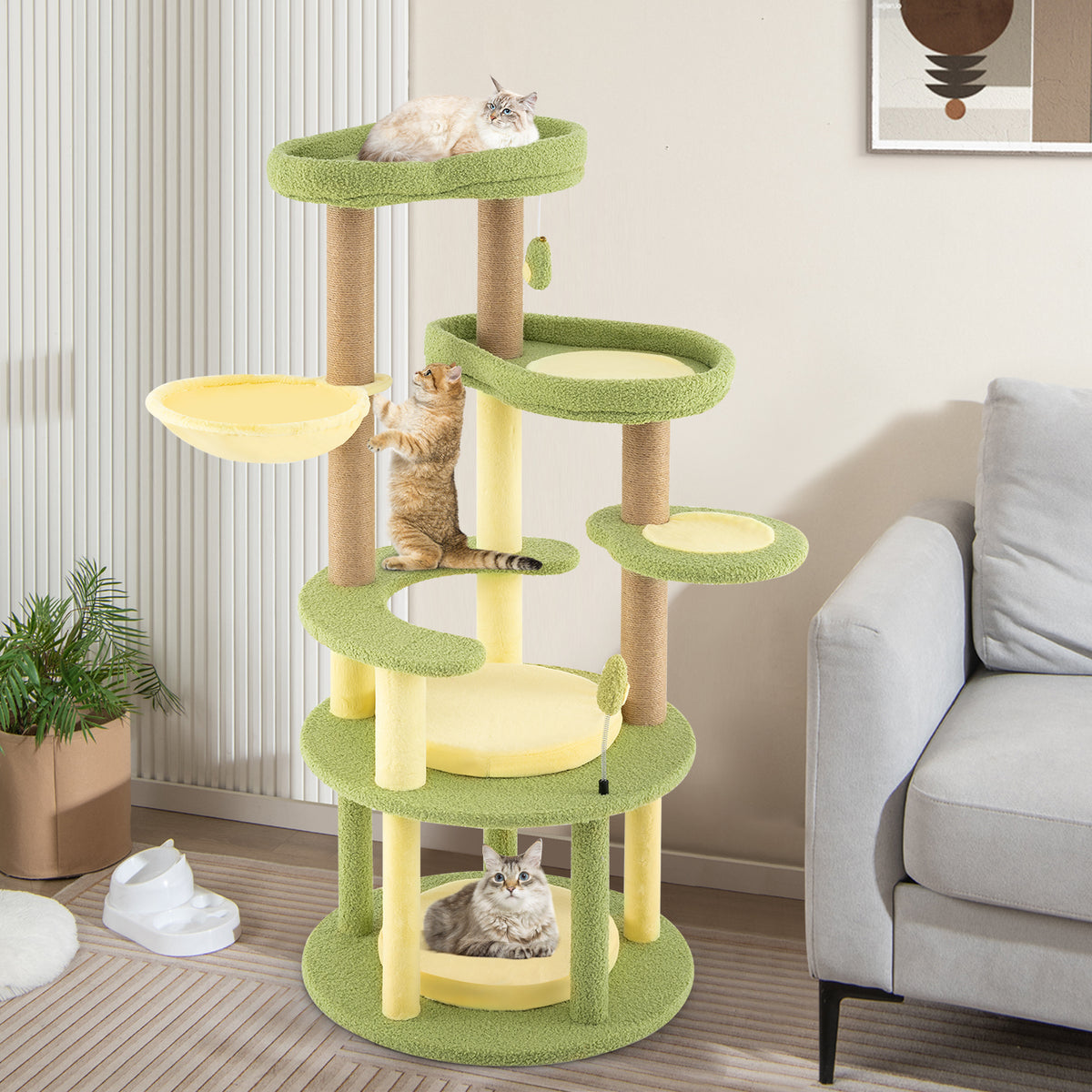 Avocado Theme Multi-Level Cat Tree with Wide Perches and Rotatable Basket - Green, M