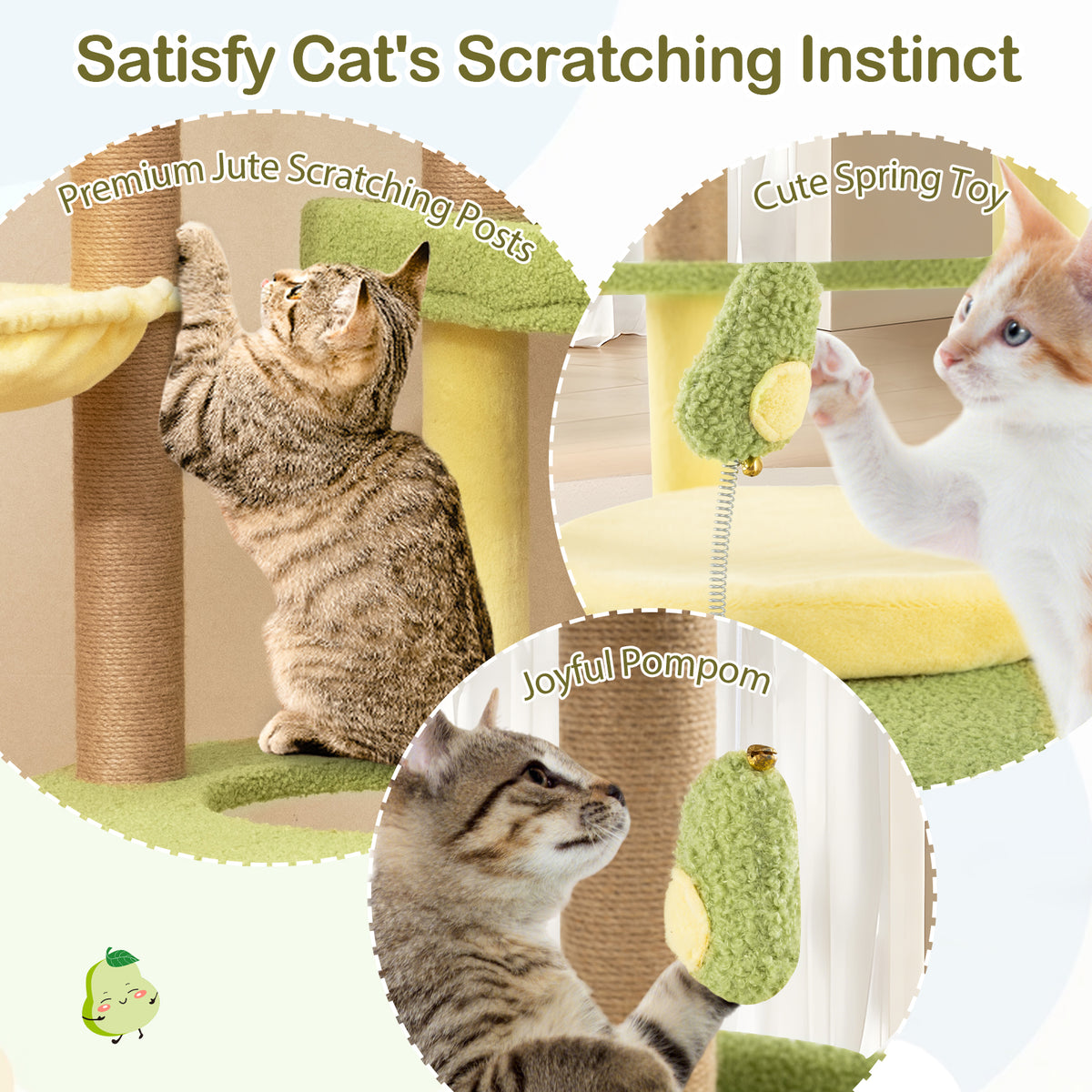 Avocado Theme Multi-Level Cat Tree with Wide Perches and Rotatable Basket - Green, M