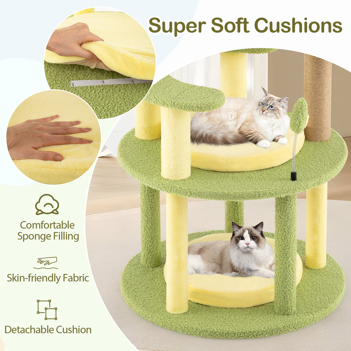 Avocado Theme Multi-Level Cat Tree with Wide Perches and Rotatable Basket - Green, M