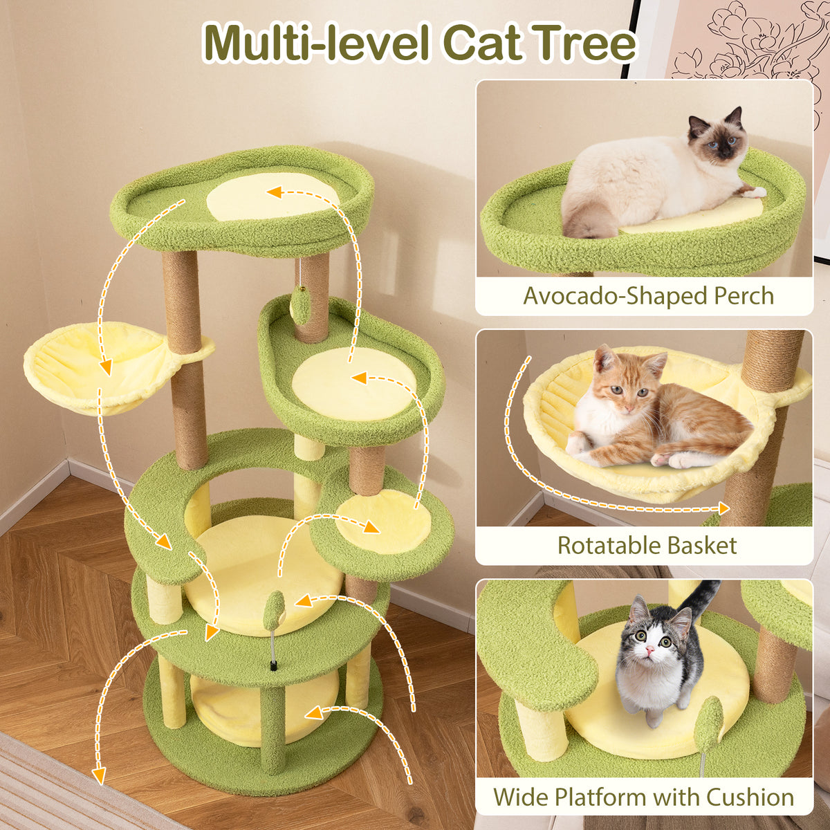 Avocado Theme Multi-Level Cat Tree with Wide Perches and Rotatable Basket - Green, M