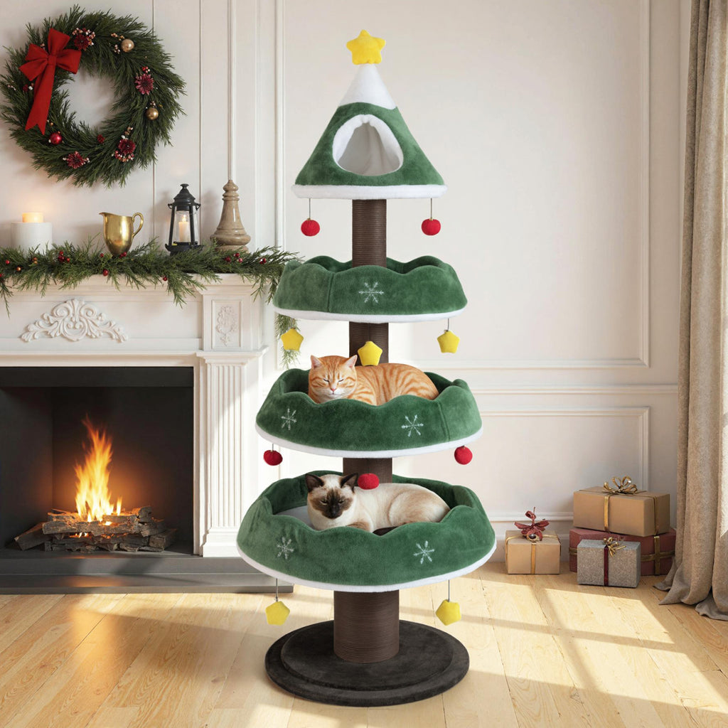 Christmas Cat Tree with 3 Platforms & Upholstered Top Perch - Multicolor Variation