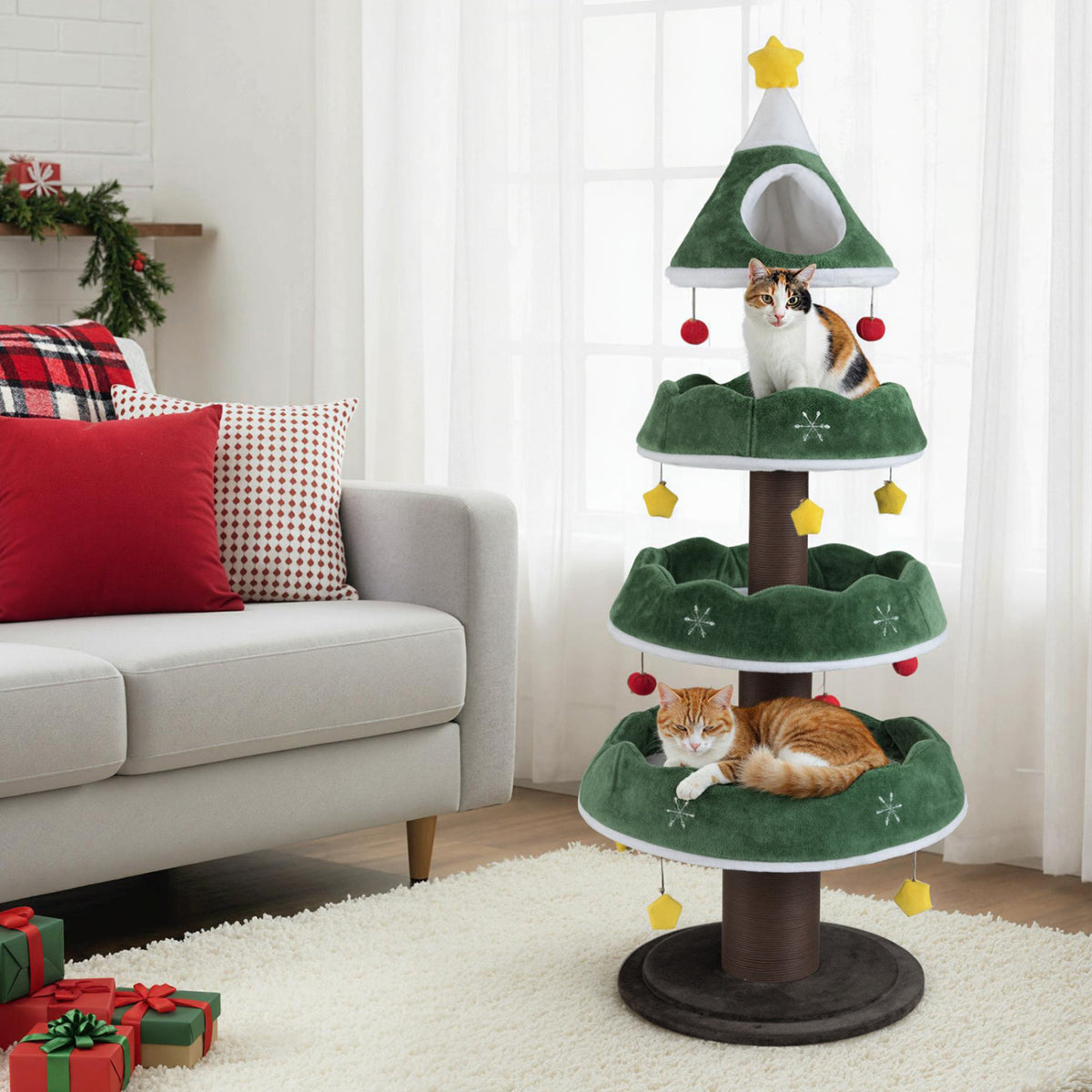 Christmas Cat Tree with 3 Platforms & Upholstered Top Perch - Multicolor Variation