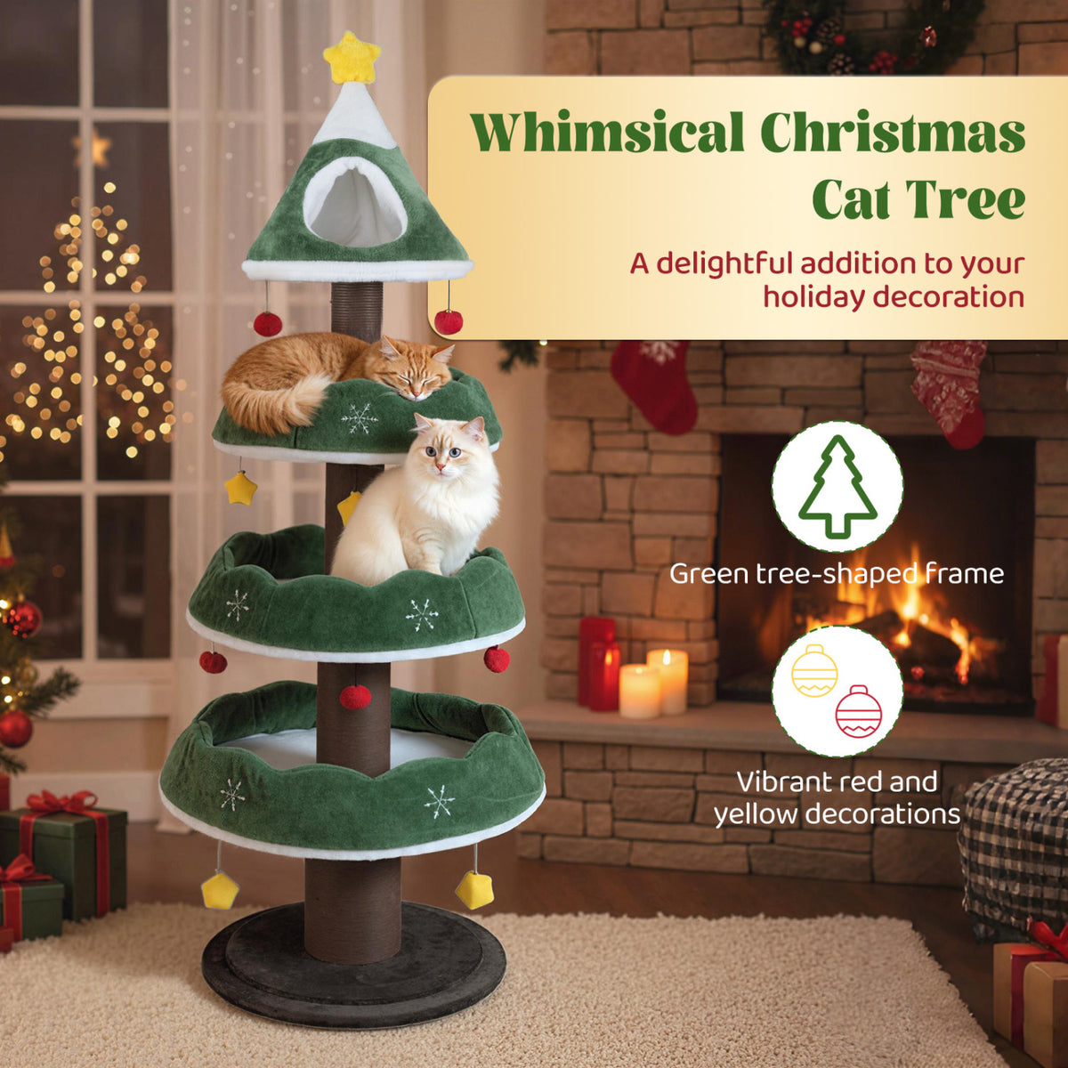Christmas Cat Tree with 3 Platforms & Upholstered Top Perch - Multicolor Variation