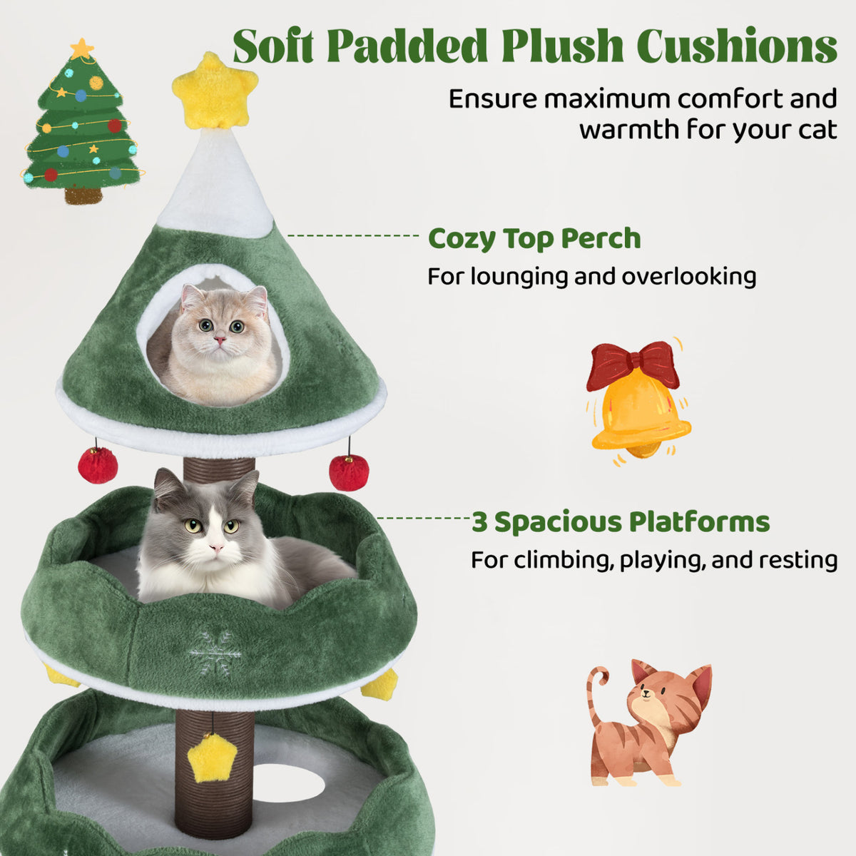 Christmas Cat Tree with 3 Platforms & Upholstered Top Perch - Multicolor Variation