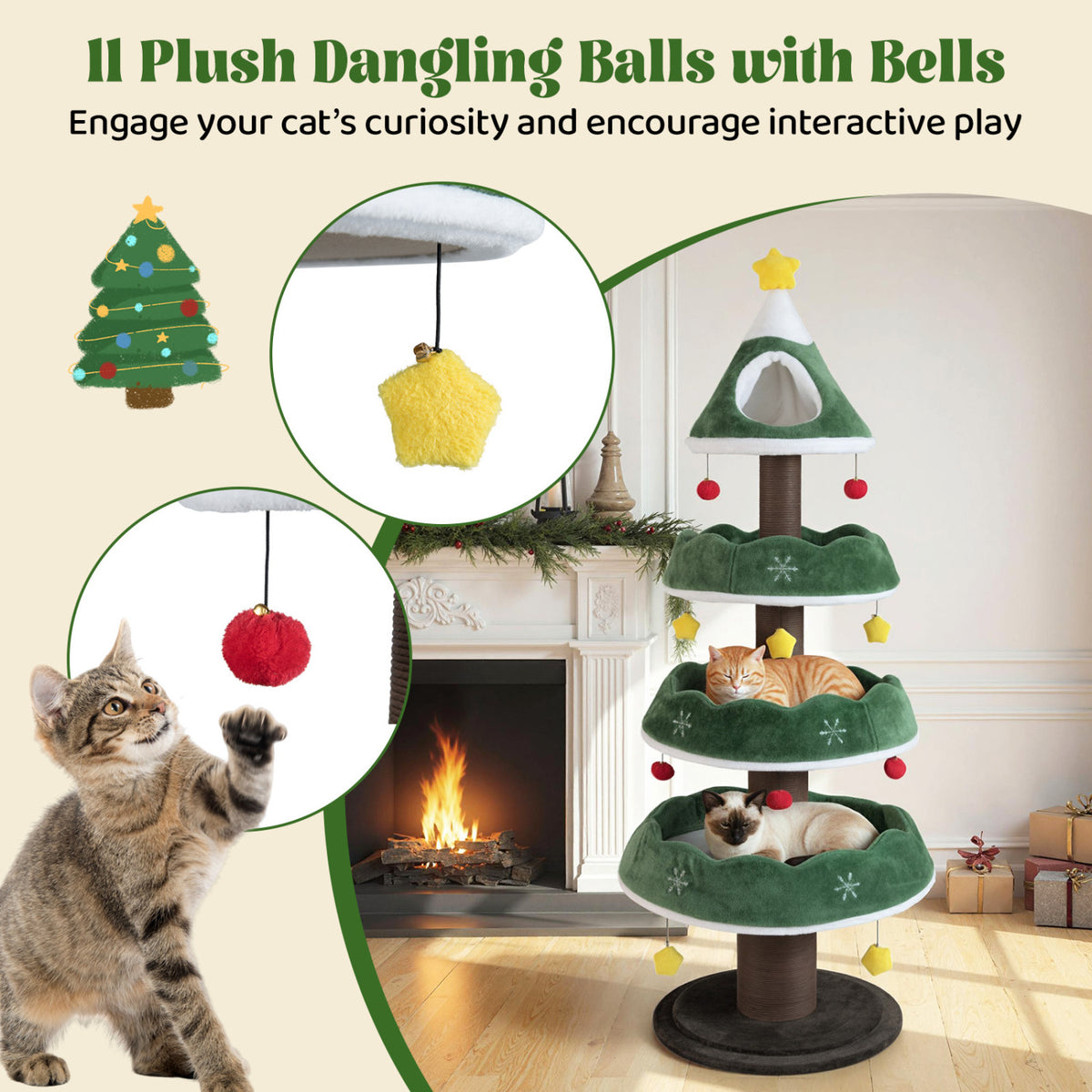 Christmas Cat Tree with 3 Platforms & Upholstered Top Perch - Multicolor Variation