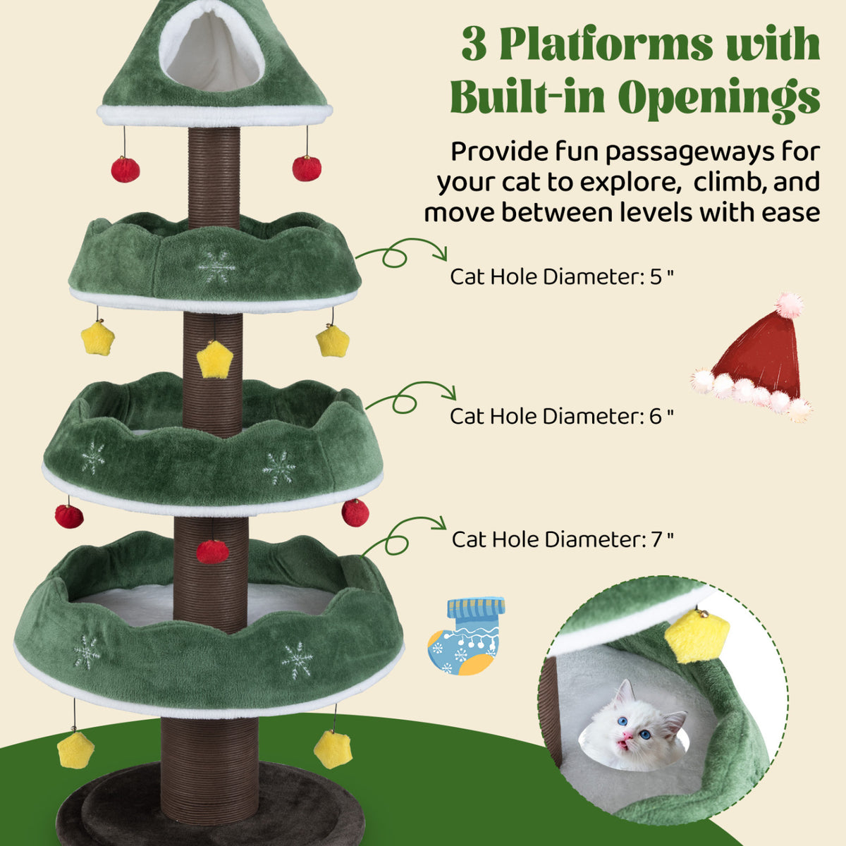 Christmas Cat Tree with 3 Platforms & Upholstered Top Perch - Multicolor Variation