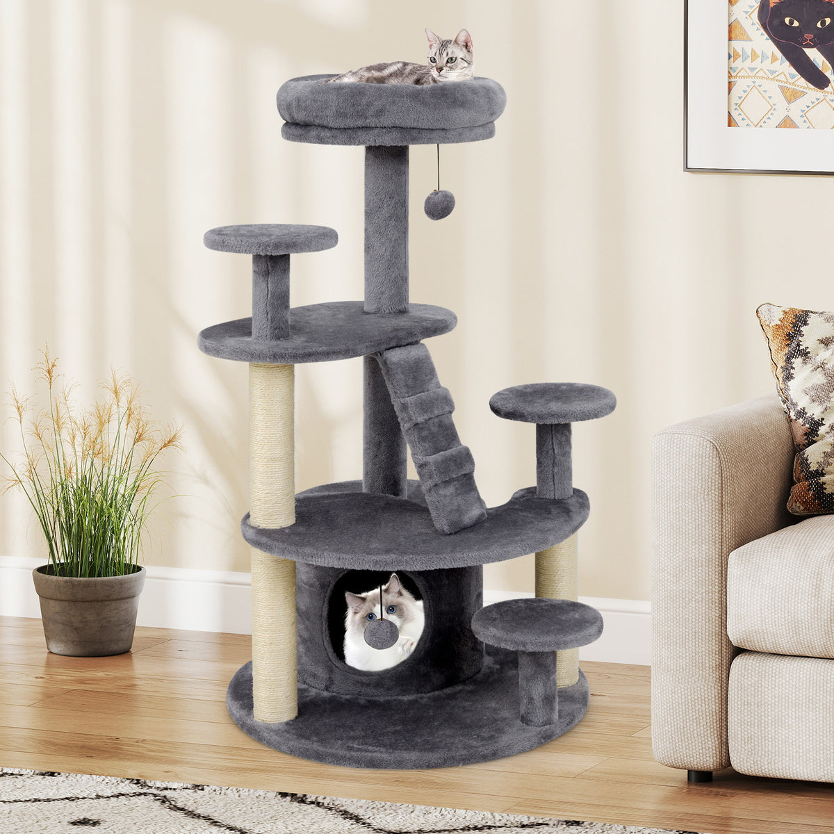 Multi-Level Cat Tower with Condo & Climbing Ladder - Gray - Costway