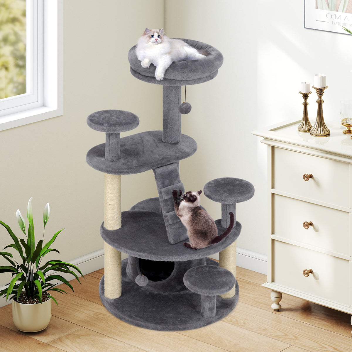 Multi-Level Cat Tower with Condo & Climbing Ladder - Gray - Costway