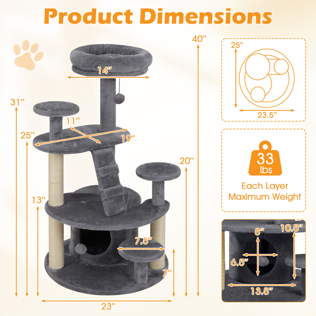 Multi-Level Cat Tower with Condo & Climbing Ladder - Gray - Costway