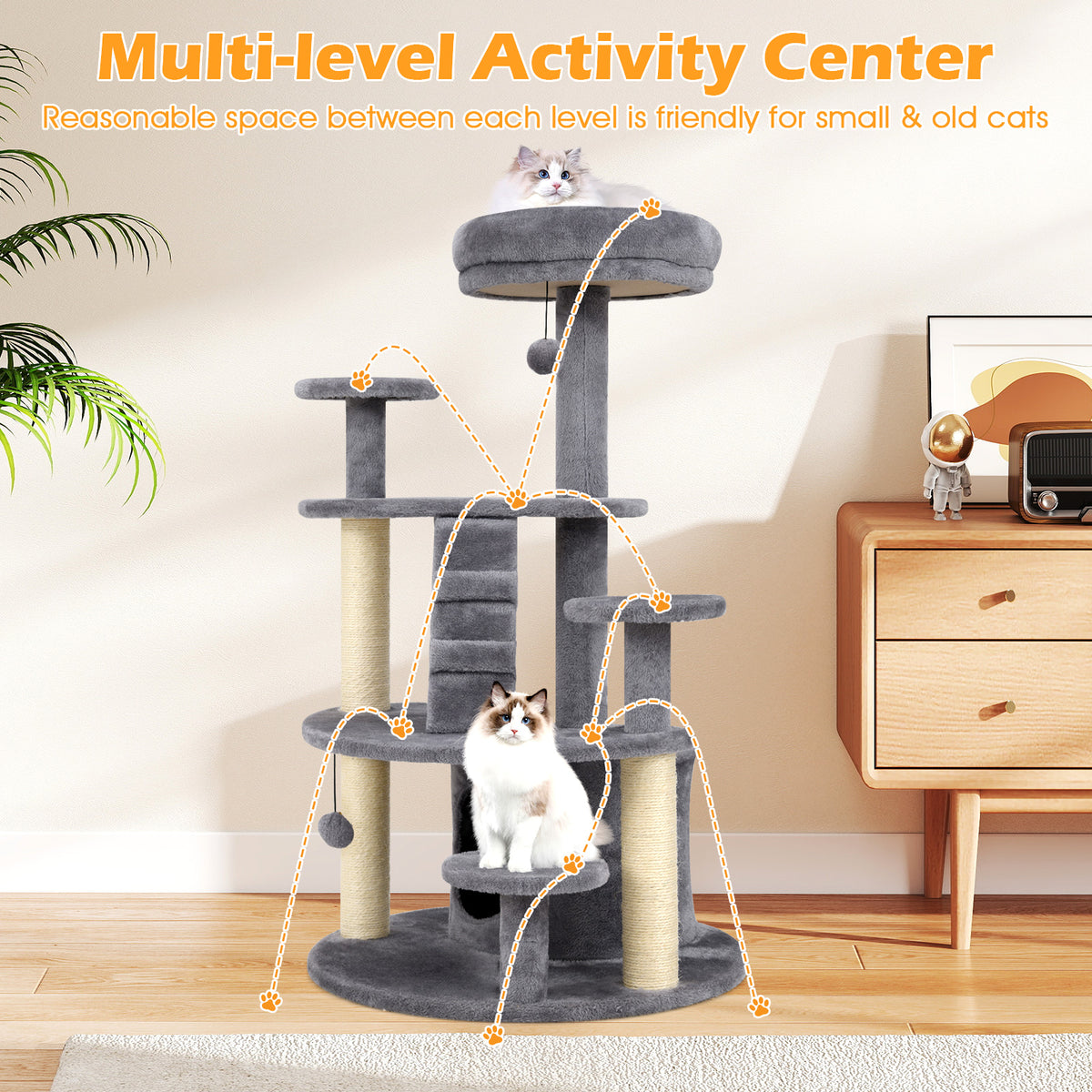 Multi-Level Cat Tower with Condo & Climbing Ladder - Gray - Costway