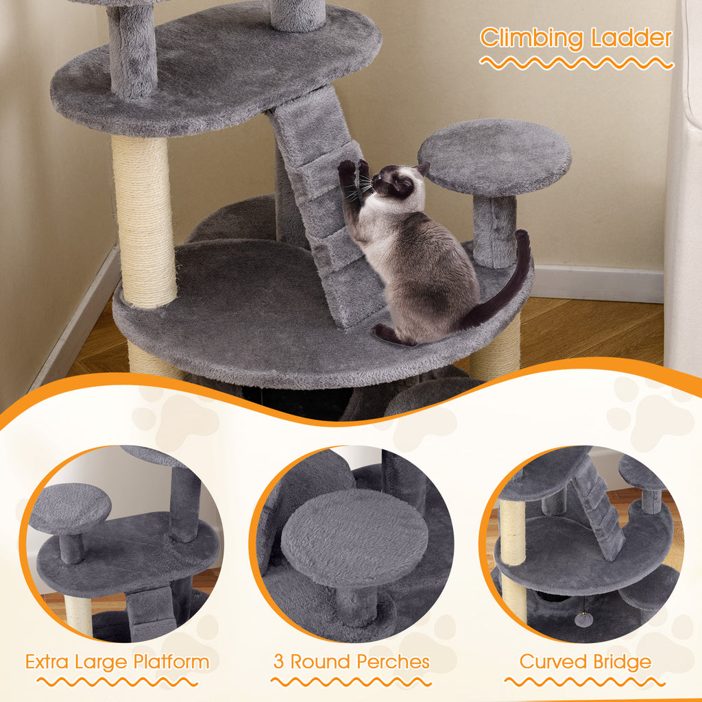 Multi-Level Cat Tower with Condo & Climbing Ladder - Gray - Costway