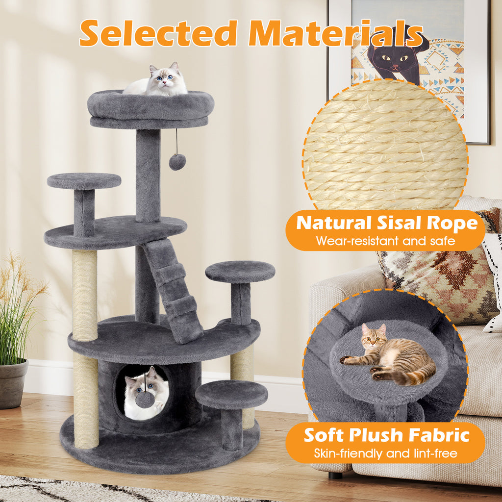 Multi-Level Cat Tower with Condo & Climbing Ladder - Gray - Costway