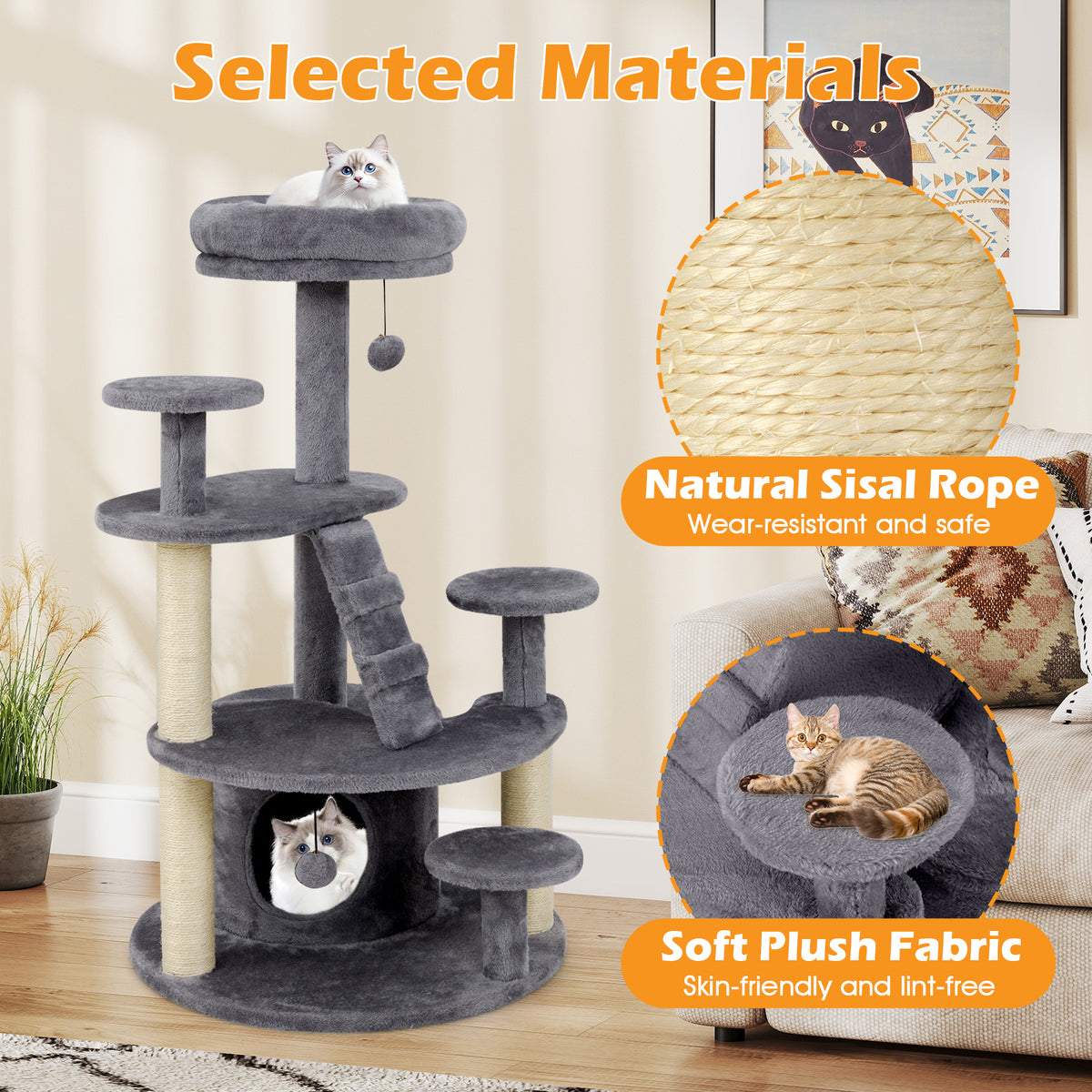 Multi-Level Cat Tower with Condo & Climbing Ladder - Gray - Costway