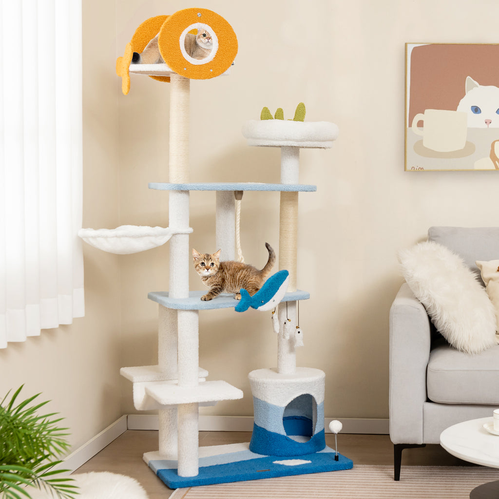 Ocean-Themed Multi-Level Cat Tree Tower with Sisal Posts - Blue L