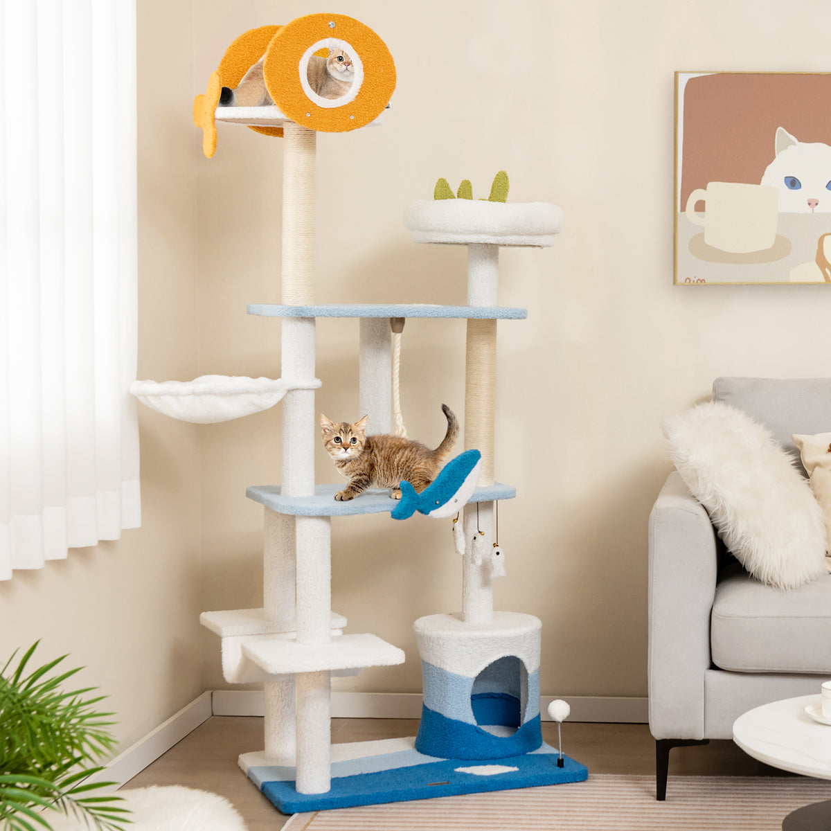 Ocean-Themed Multi-Level Cat Tree Tower with Sisal Posts - Blue L