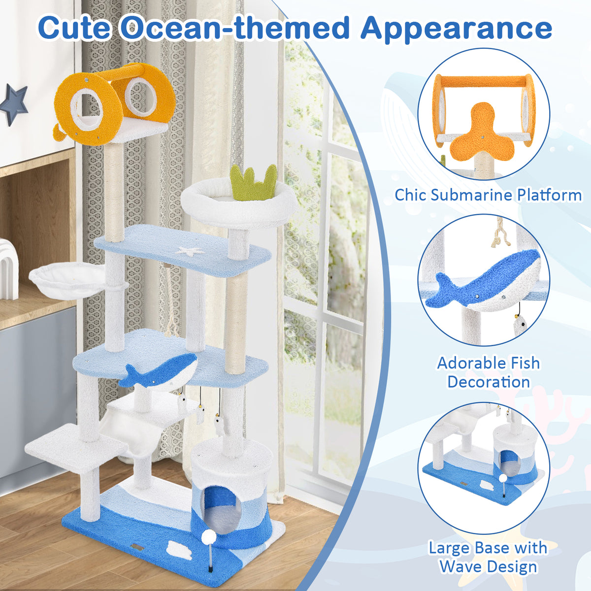 Ocean-Themed Multi-Level Cat Tree Tower with Sisal Posts - Blue L