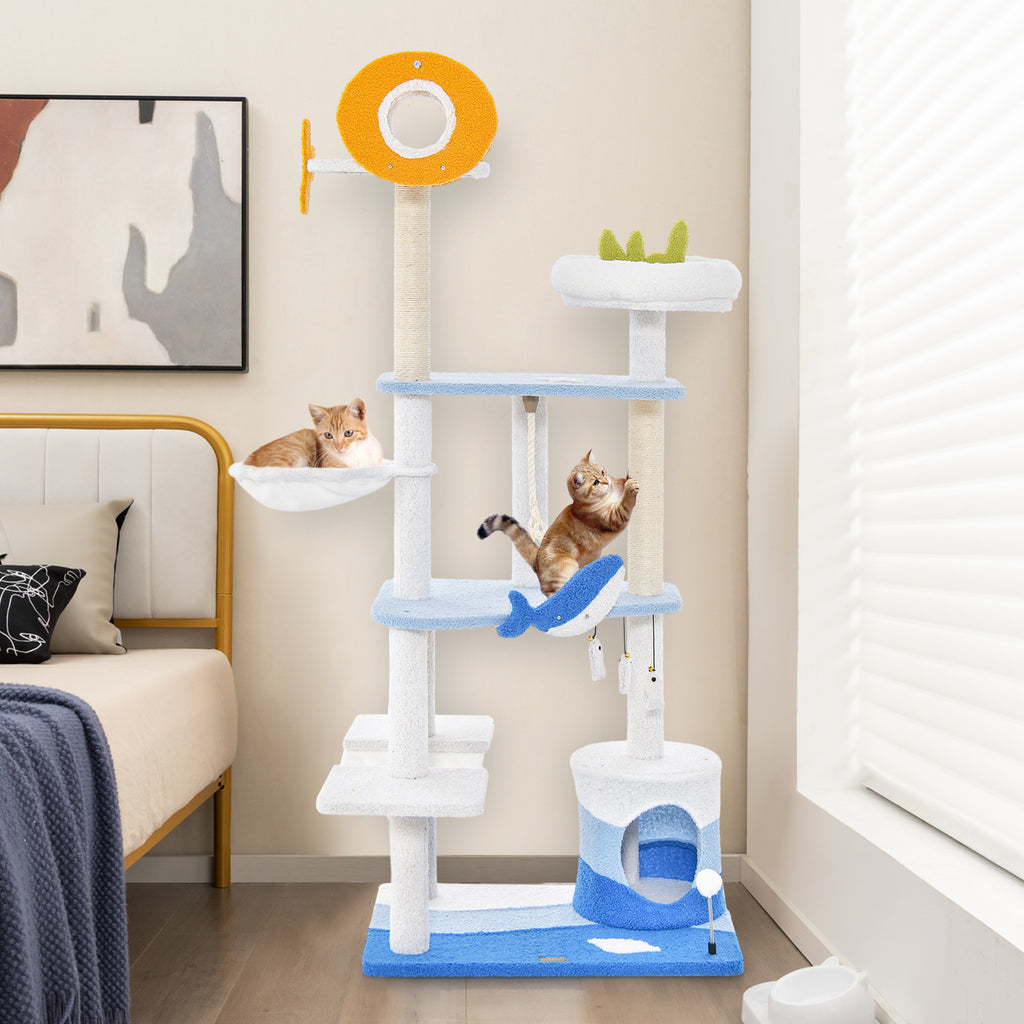 Ocean-Themed Multi-Level Cat Tree Tower with Sisal Posts - Blue L