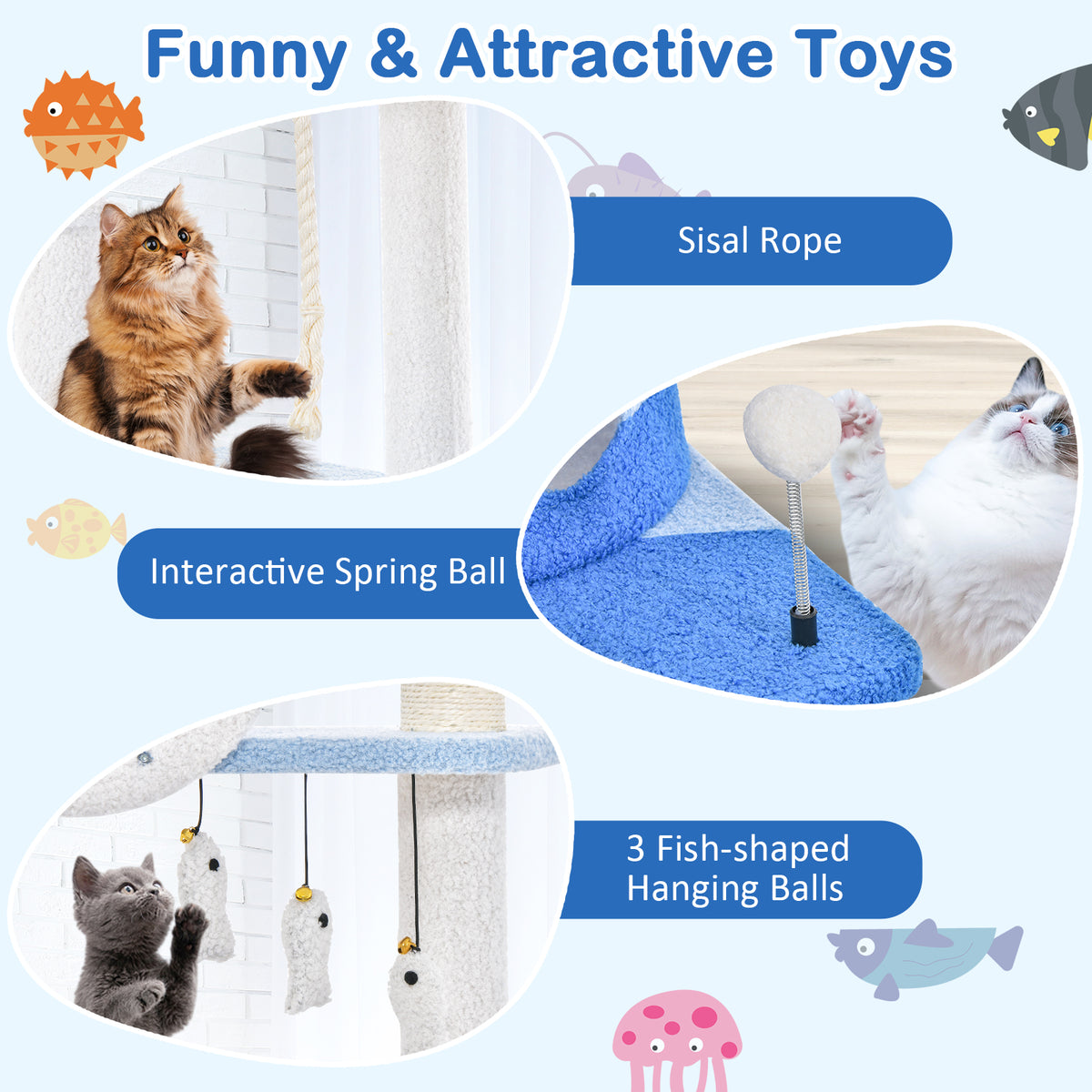 Ocean-Themed Multi-Level Cat Tree Tower with Sisal Posts - Blue L