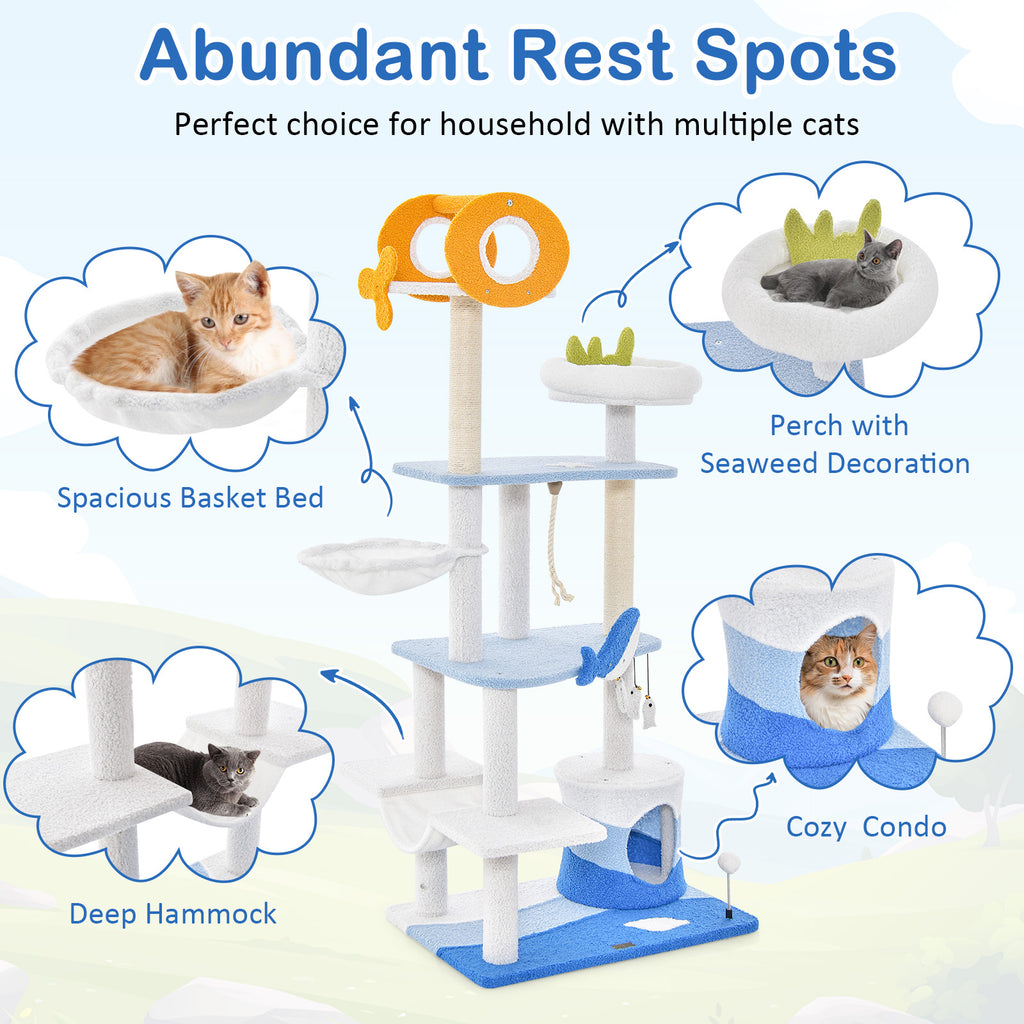 Ocean-Themed Multi-Level Cat Tree Tower with Sisal Posts - Blue L
