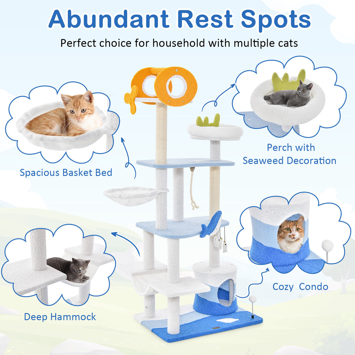 Ocean-Themed Multi-Level Cat Tree Tower with Sisal Posts - Blue L