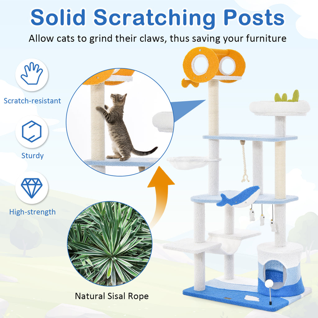Ocean-Themed Multi-Level Cat Tree Tower with Sisal Posts - Blue L