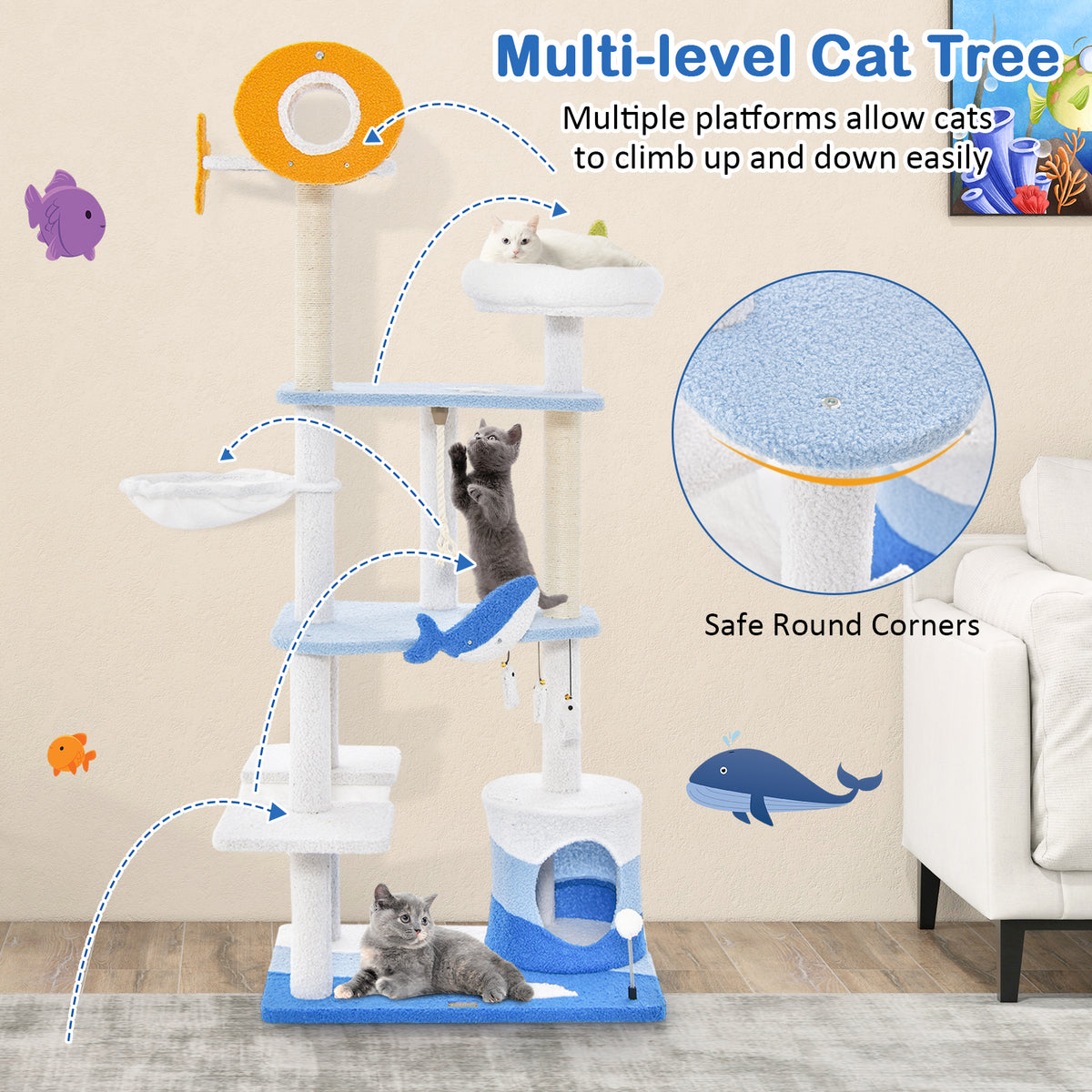 Ocean-Themed Multi-Level Cat Tree Tower with Sisal Posts - Blue L