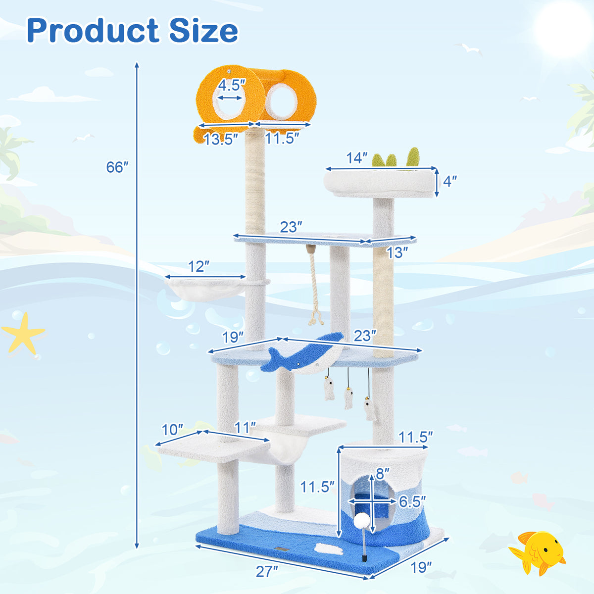 Ocean-Themed Multi-Level Cat Tree Tower with Sisal Posts - Blue L