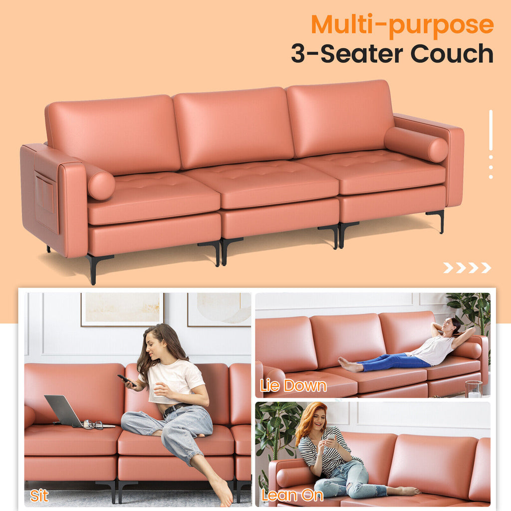 3-Seat Sofa with Storage Pocket and Metal Leg - Pink