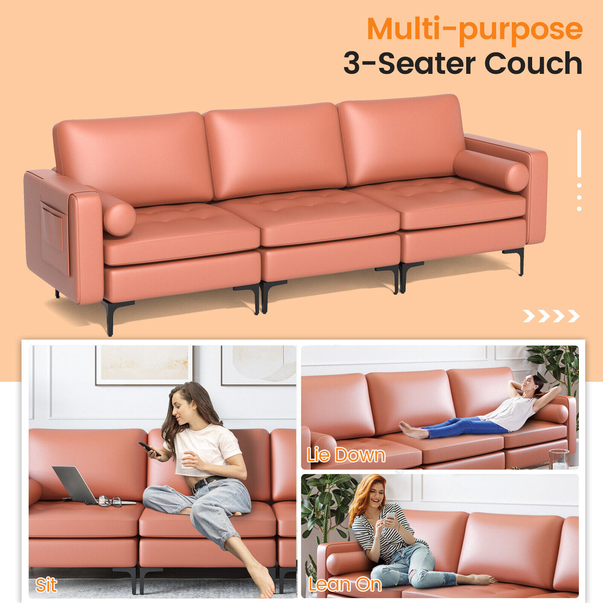 3-Seat Sofa with Storage Pocket and Metal Leg - Pink