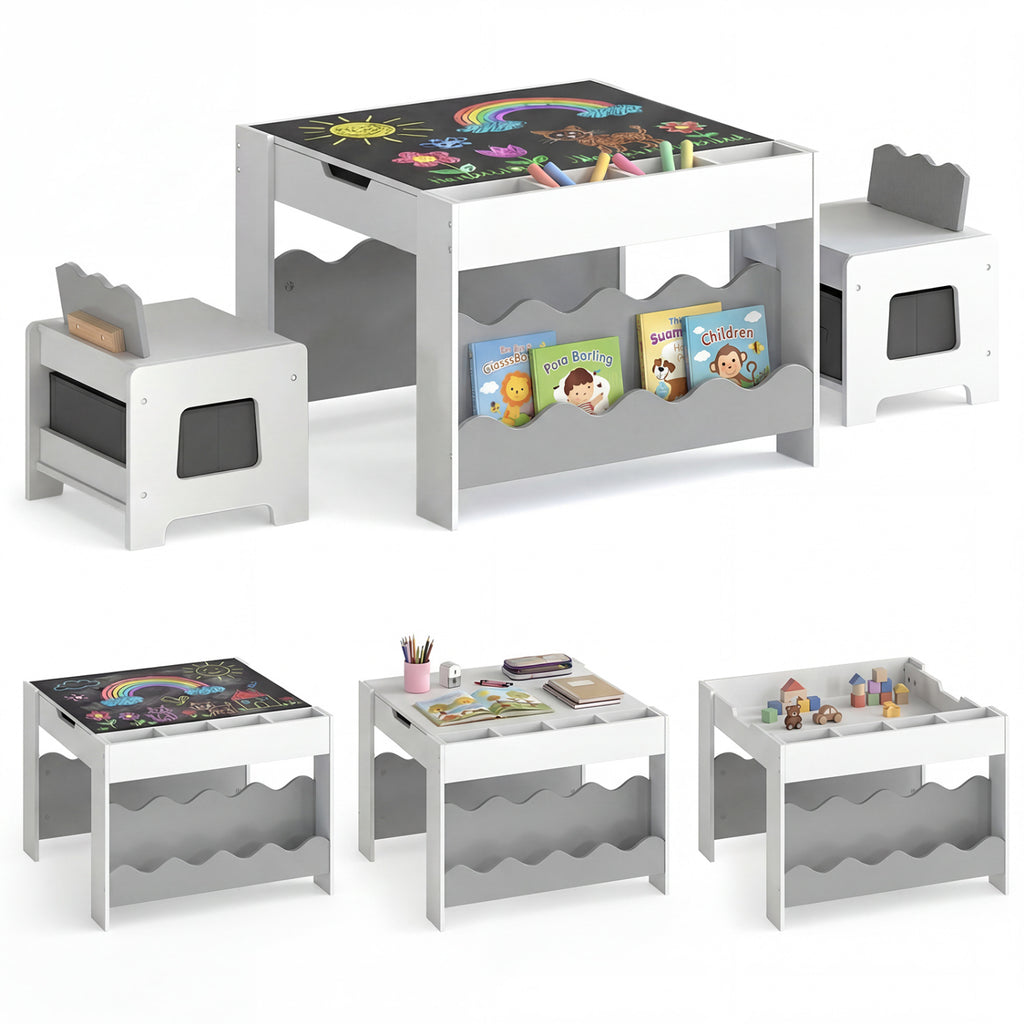 Kids Activity Table and Chairs Set with Double-Sided Reversible Top - Gray